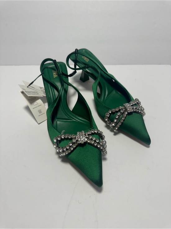 Zara Shoes - Zara Emerald Satin Pointed Slingback Heels with Crystal Bow Size 38 New w/ Tags